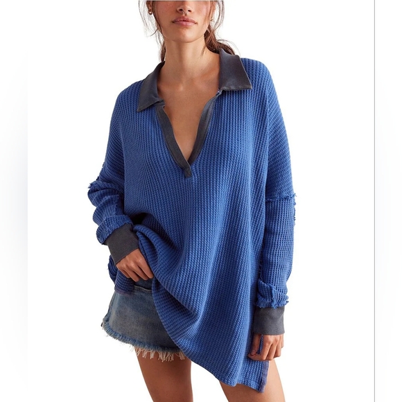 Free People Tops - FREE PEOPLE We The Free Travis Polo/Dutch Blue